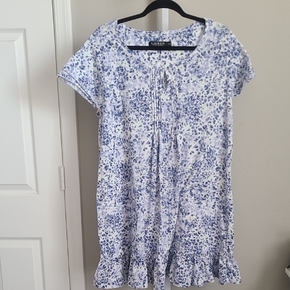 Ralph‎ Lauren Women Nightgown XL Blue & White Floral Pajamas Short Sleeve